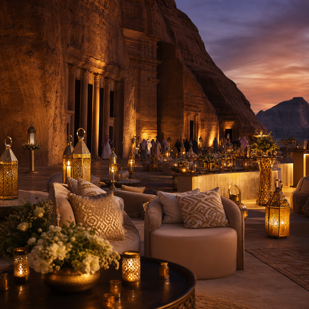 Heritage celebration in AlUla with desert architecture, glowing lanterns, and refined ceremonial decor