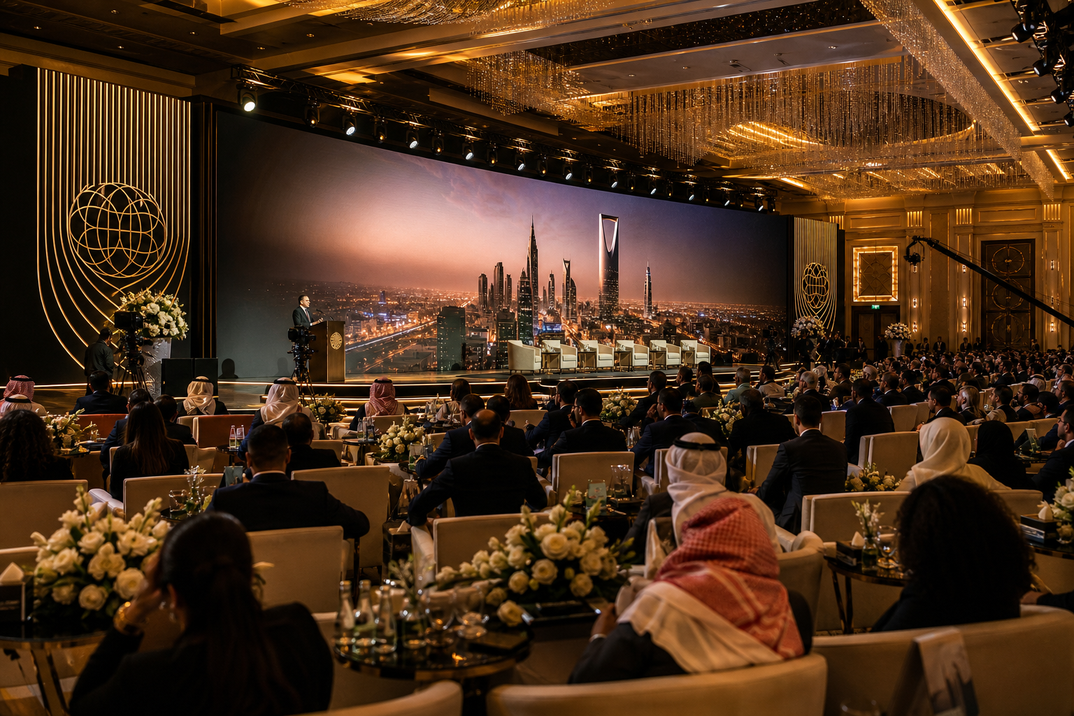 Grand corporate forum in Riyadh with elegant staging, warm gold lighting, and international delegates
