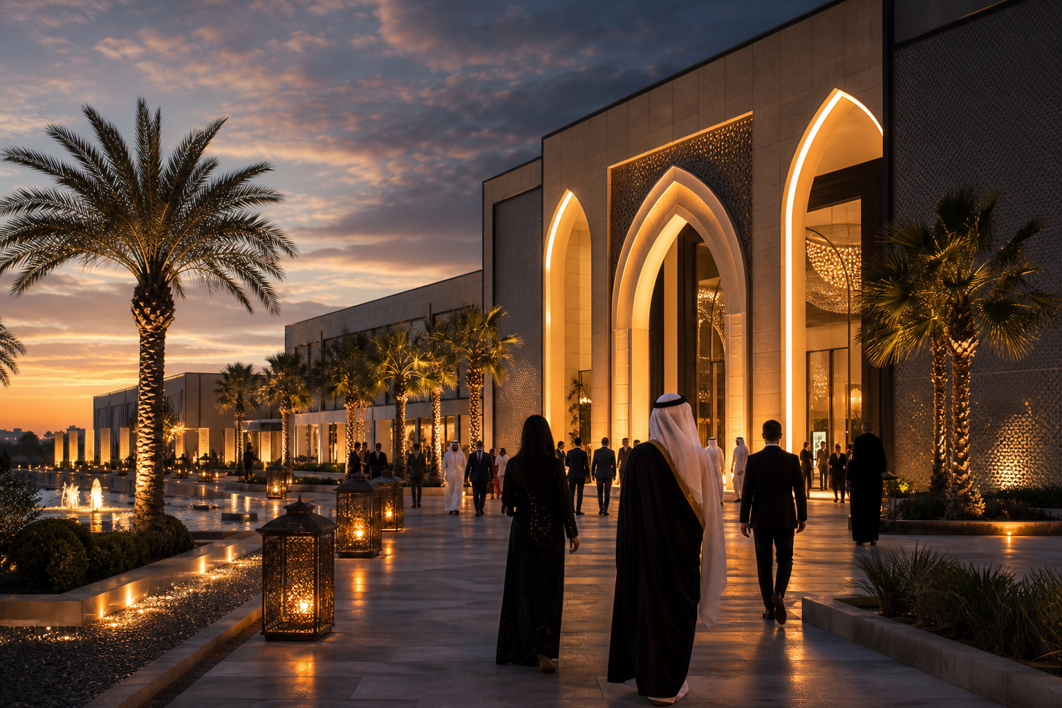 Cinematic dusk view of a modern Saudi event venue with luminous arches, palm-lined plaza, and guests in formal attire
