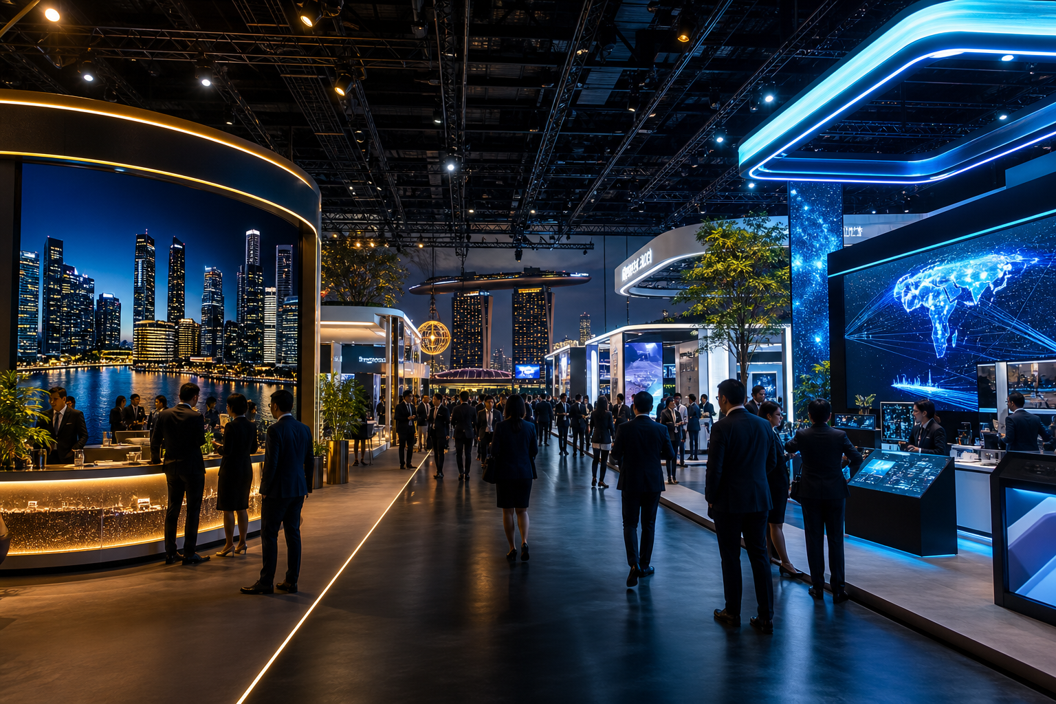 High-end exhibition hall in Singapore with immersive brand booths and neon accents