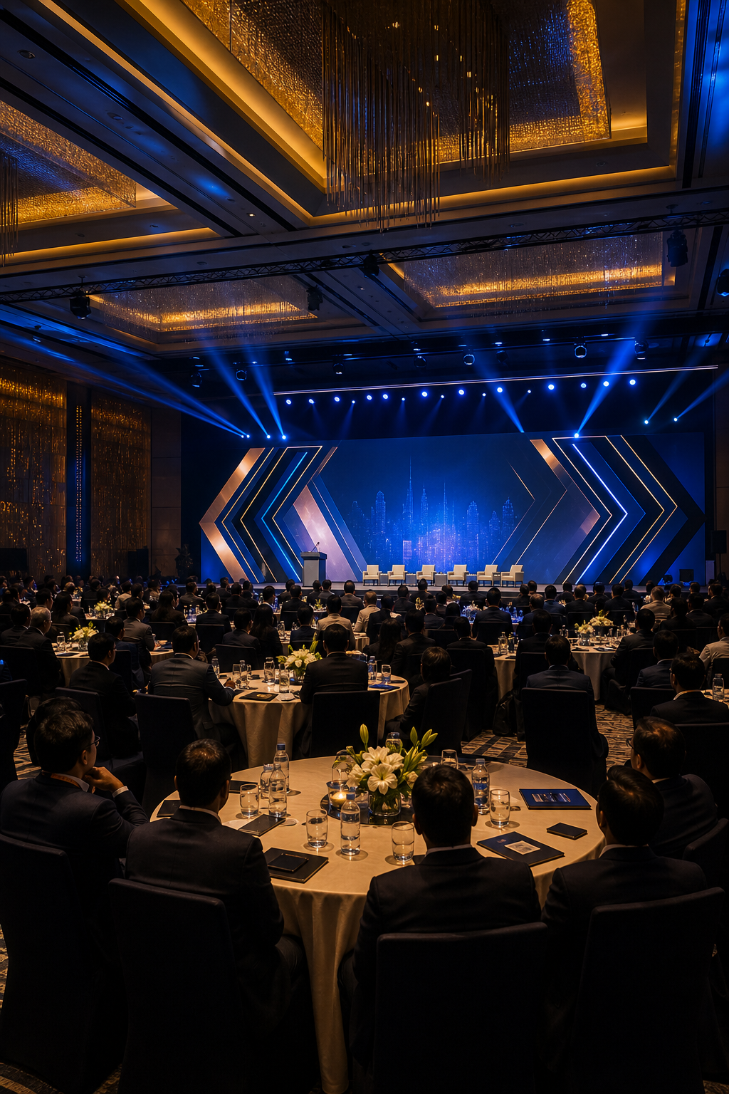 Upcoming business summit in Bengaluru with a grand conference stage, premium lighting, and executive delegates in a modern hall