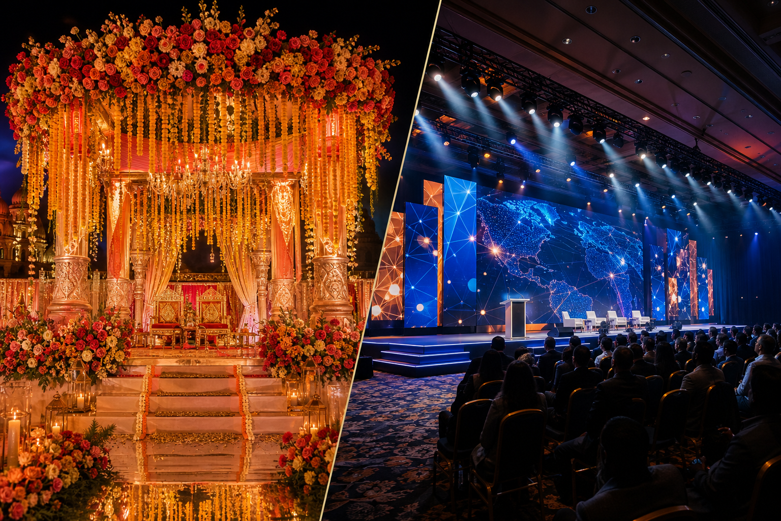Vibrant Indian wedding mandap with marigold florals and a contemporary conference stage with LED screens
