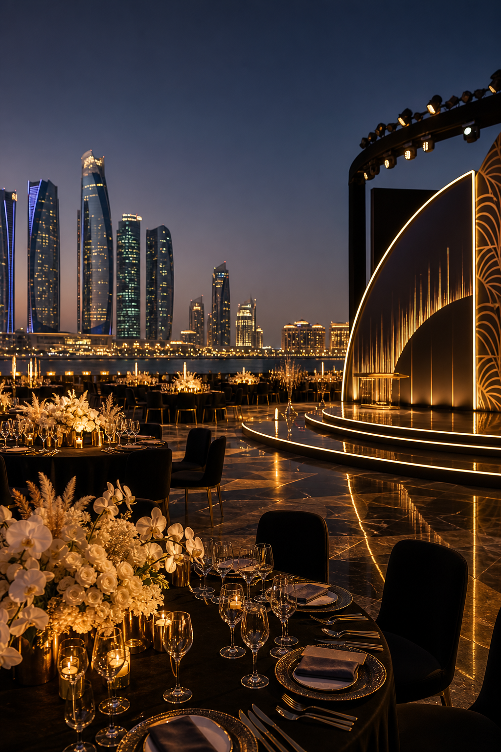 Luxury evening gala set against the Abu Dhabi skyline with golden lighting, reflective stage design, and elegant guest seating