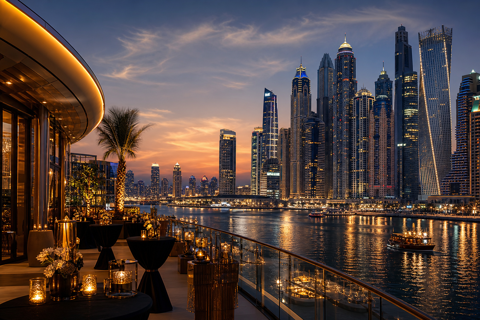 Cinematic view of Dubai Marina skyline at dusk with illuminated towers, reflective water, and a modern event venue in the foreground