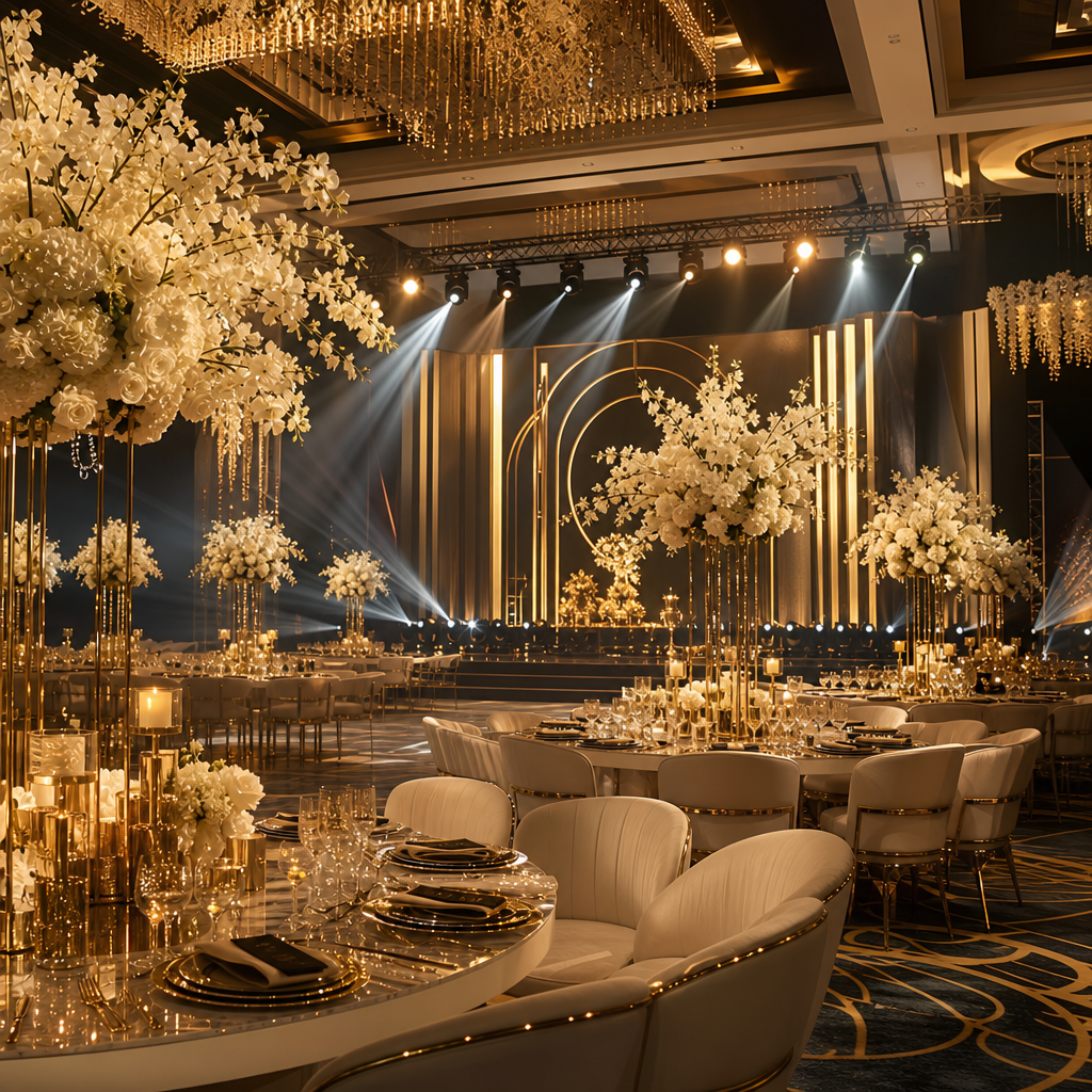 Luxury ballroom interior in the UAE with gold lighting, tall floral centerpieces, and modern stage lighting
