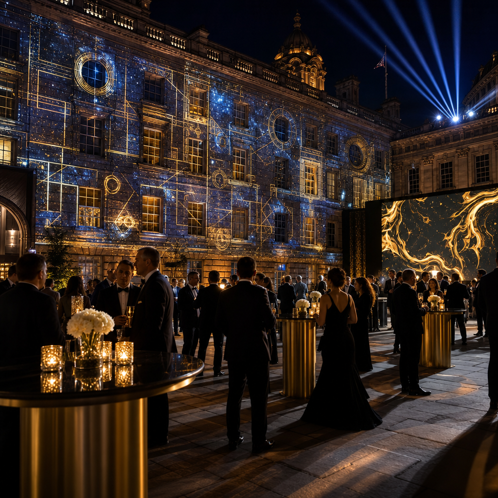 Modern brand gala in the UK with dramatic lighting, projection mapping, and elegant guests