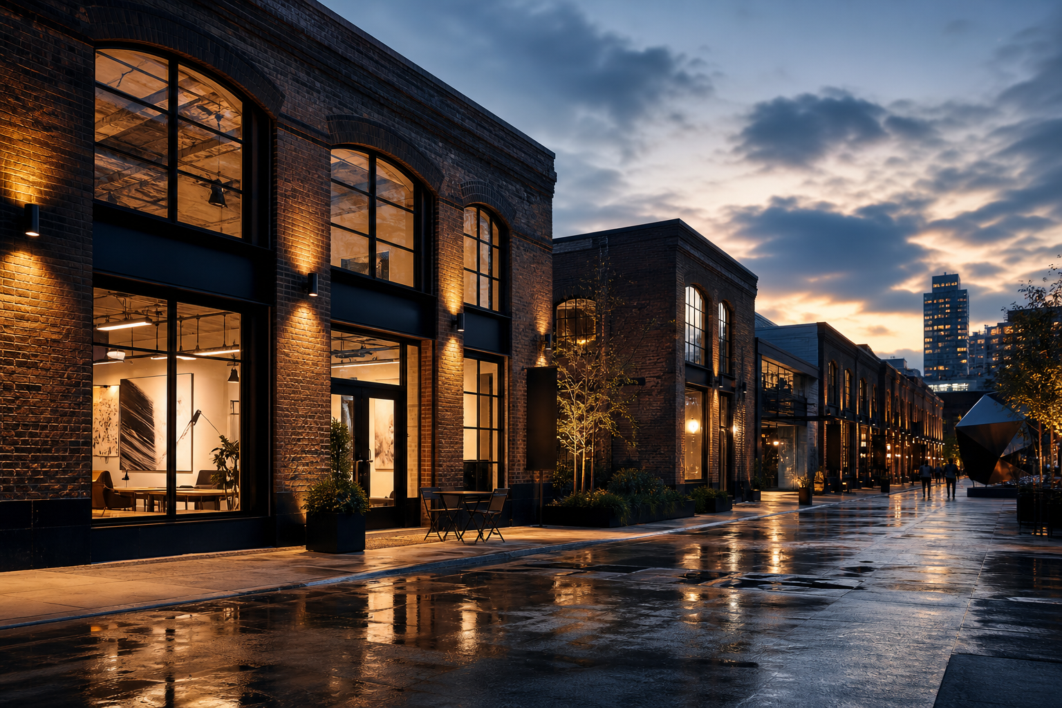 Modern creative district with converted brick warehouses, glass studios, and glowing street lights at dusk
