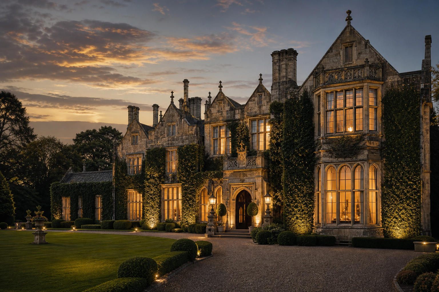 Grand heritage manor in the English countryside with stone façade, ivy details, and warm evening lights