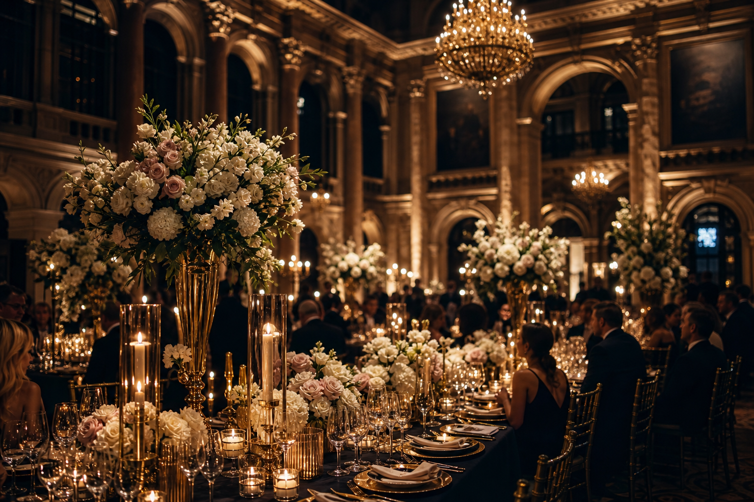 Cinematic luxury gala in a London heritage venue with candlelit tables and elegant floral installations