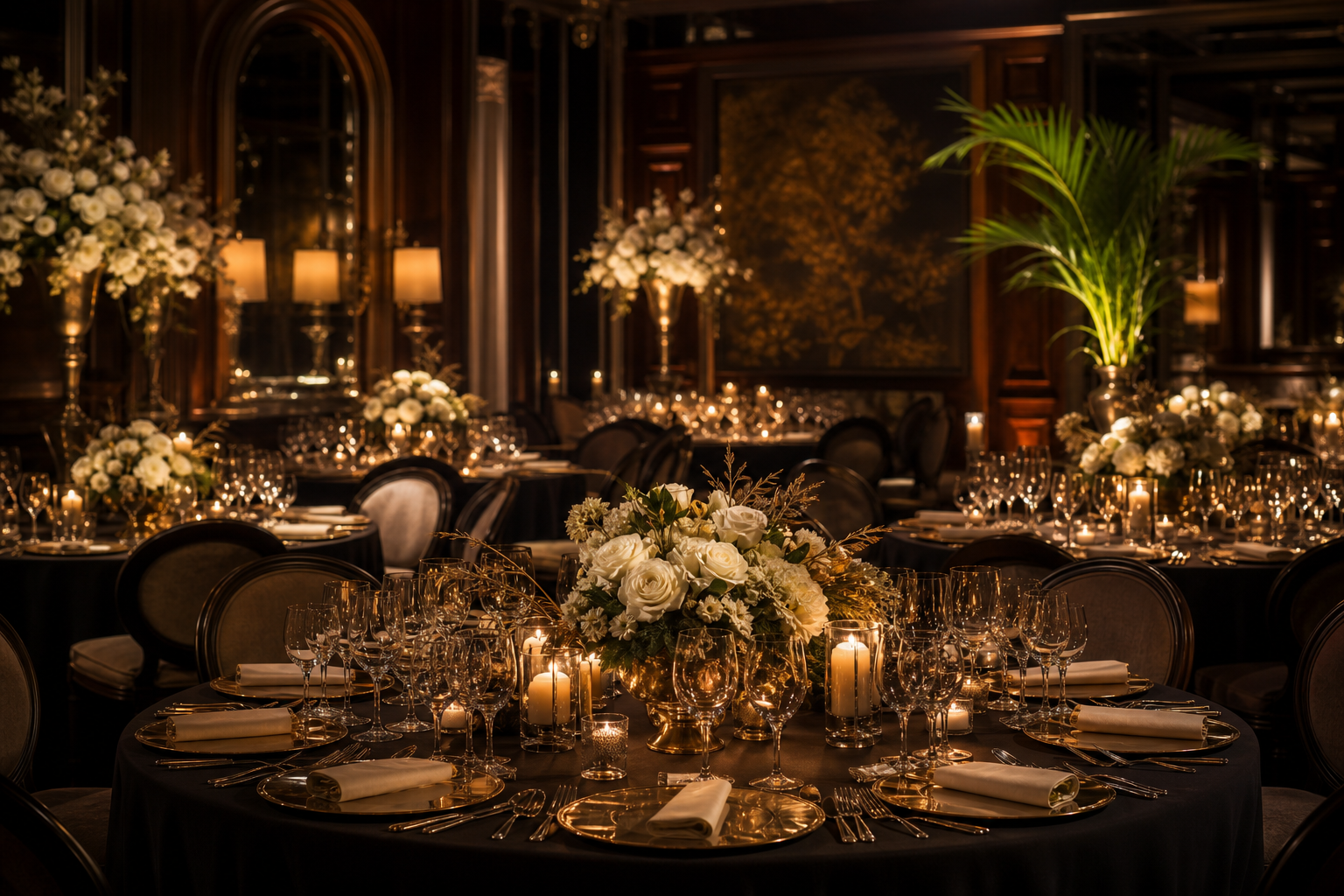 Luxury hotel dining room with candlelit tables, crystal glassware, and tailored floral arrangements
