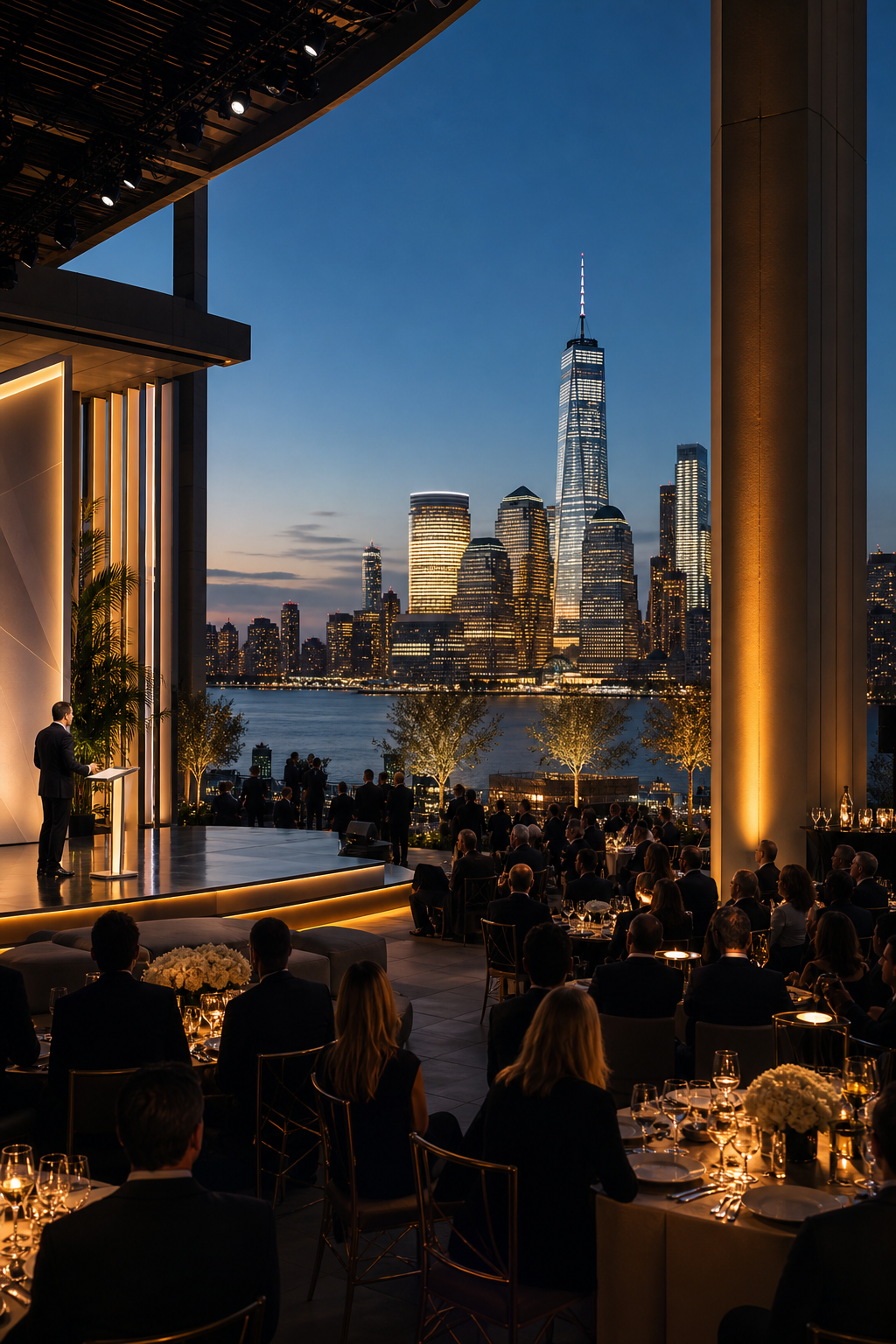 Elegant USA skyline event setting with a modern stage, warm uplighting, and guests in formal attire