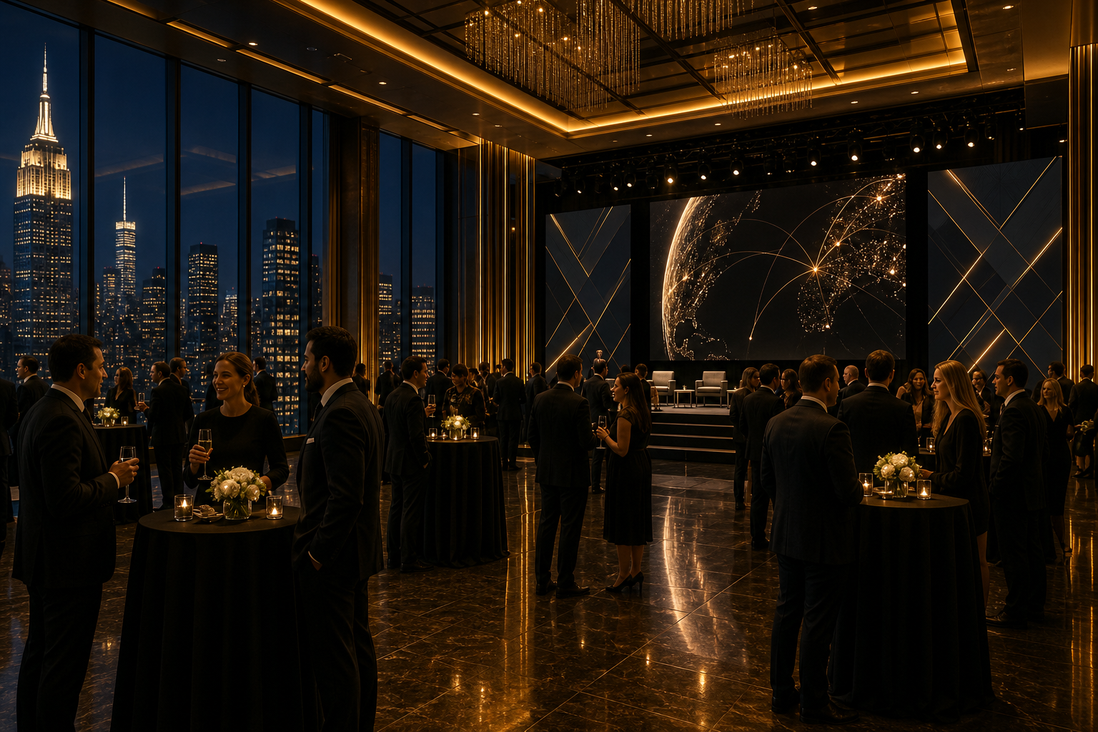 Evening corporate convention in a New York skyline venue with elegant stage lighting, panoramic windows, and guests networking around high-top tables.