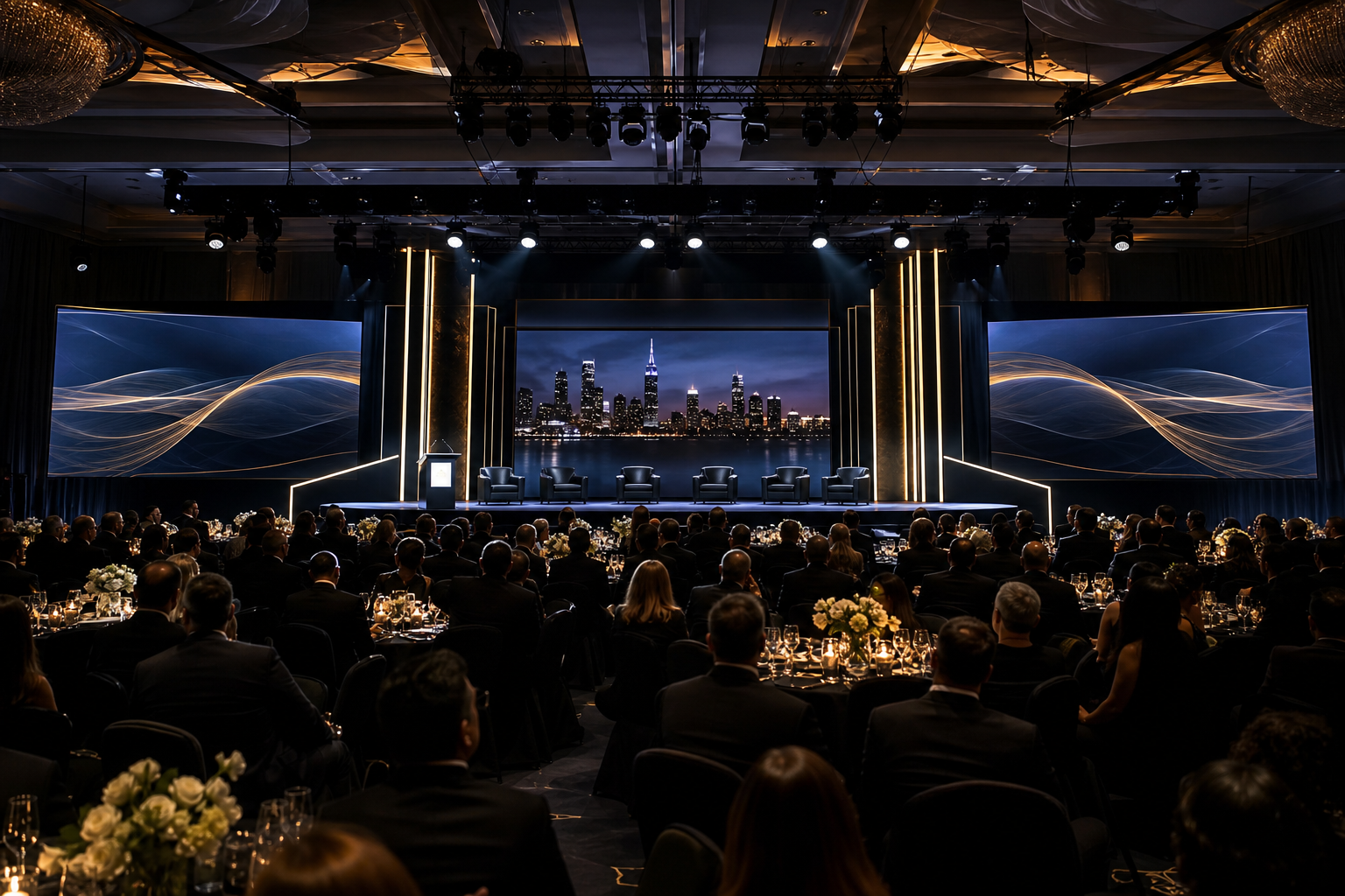 Cinematic USA conference stage with large LED screens, refined lighting rigs, and a black-tie audience in a modern ballroom