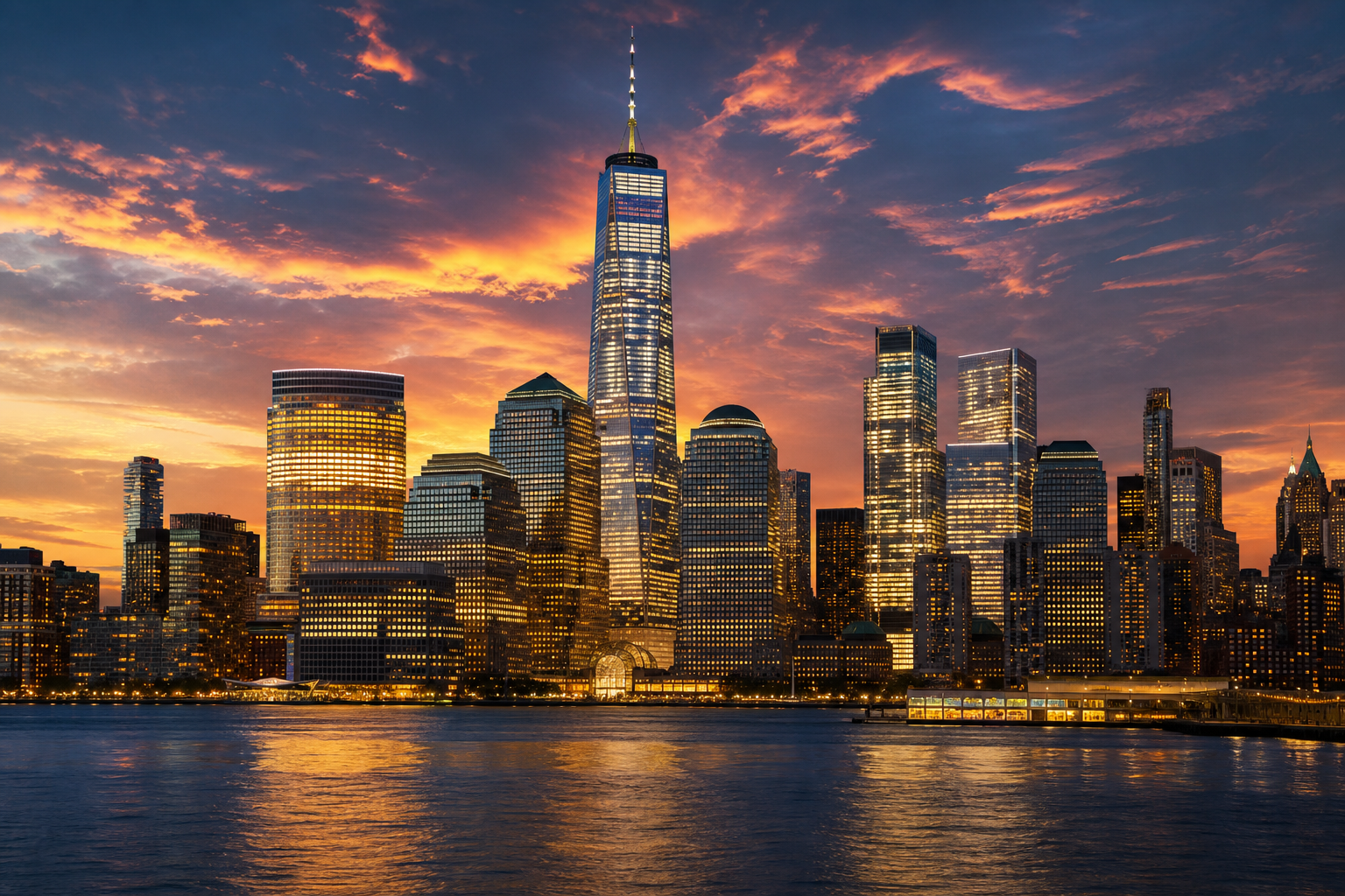 Dramatic dusk skyline of New York City with illuminated skyscrapers and a warm cinematic sky