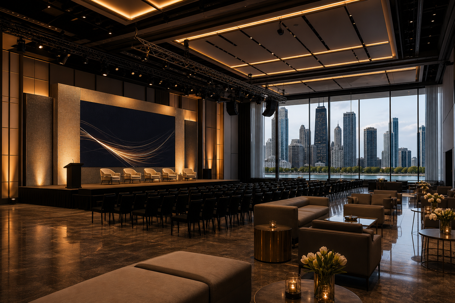 Grand contemporary convention hall in Chicago with warm lighting, polished floors, and modular staging