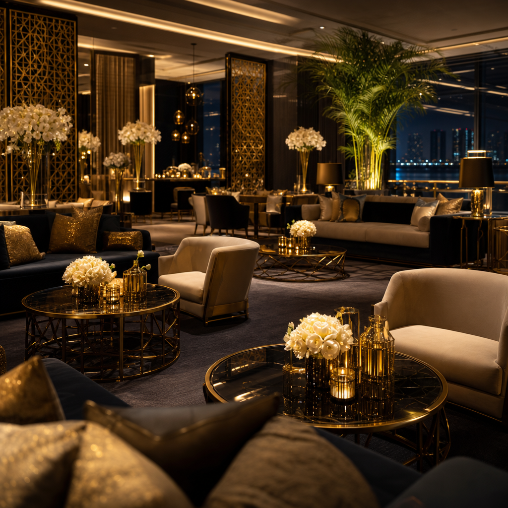 Elegant VIP hospitality lounge with warm lighting, gold accents, and curated seating