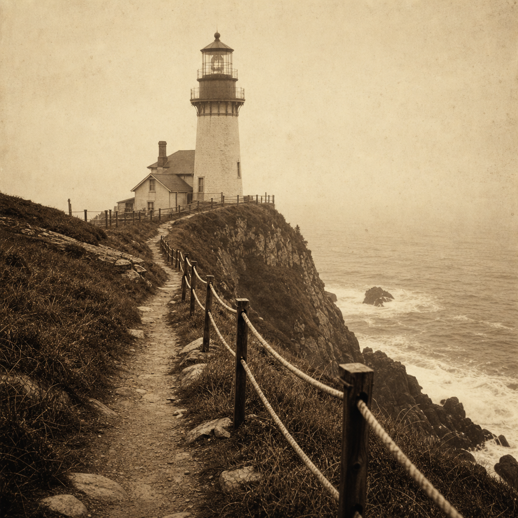 Narrow cliff approach path to lighthouse with rope railing in archival photograph