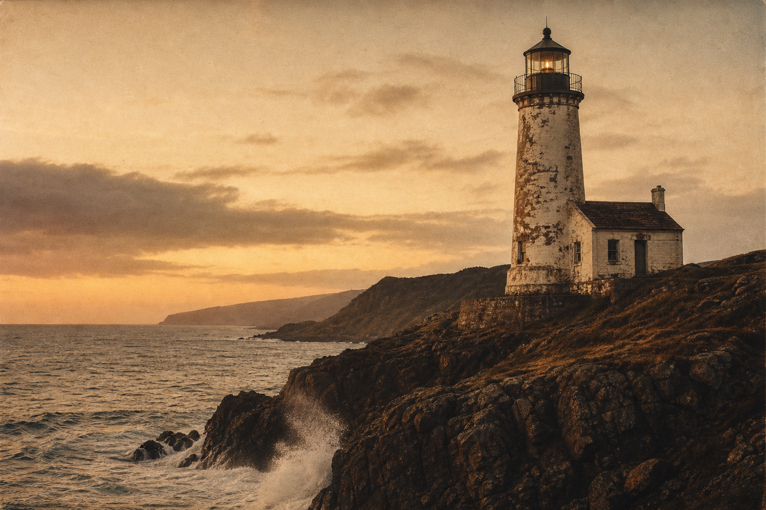 Weathered lighthouse standing above a rugged northern shoreline in warm film-photography style with subtle grain and evening haze