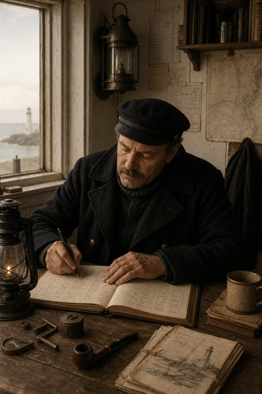 Documentary style image of a lighthouse keeper in dark wool coat writing in a weathered logbook beside lamp tools