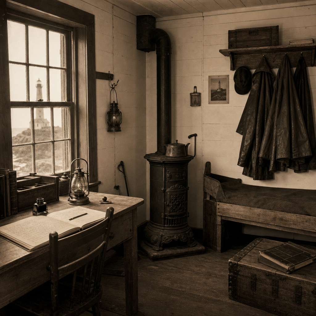 Archival interior of keeper quarters with stove, ledger desk, and hanging coats
