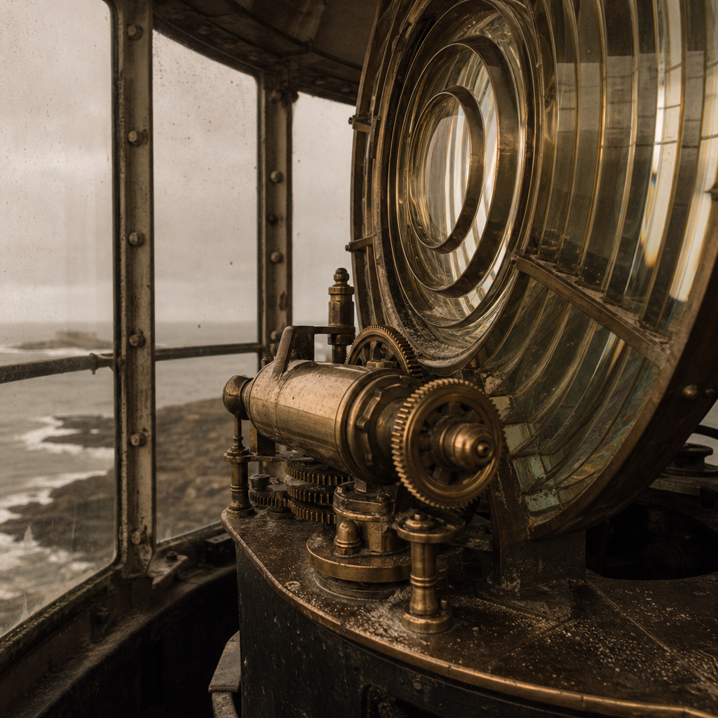 Close archival detail of a lighthouse lantern room with brass mechanisms