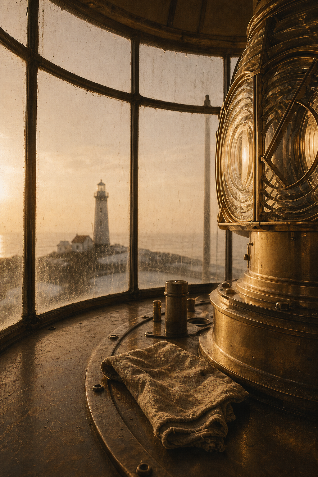 Warm archival photograph of a brass lantern room interior with curved glass panes, polishing cloth, and early dawn light