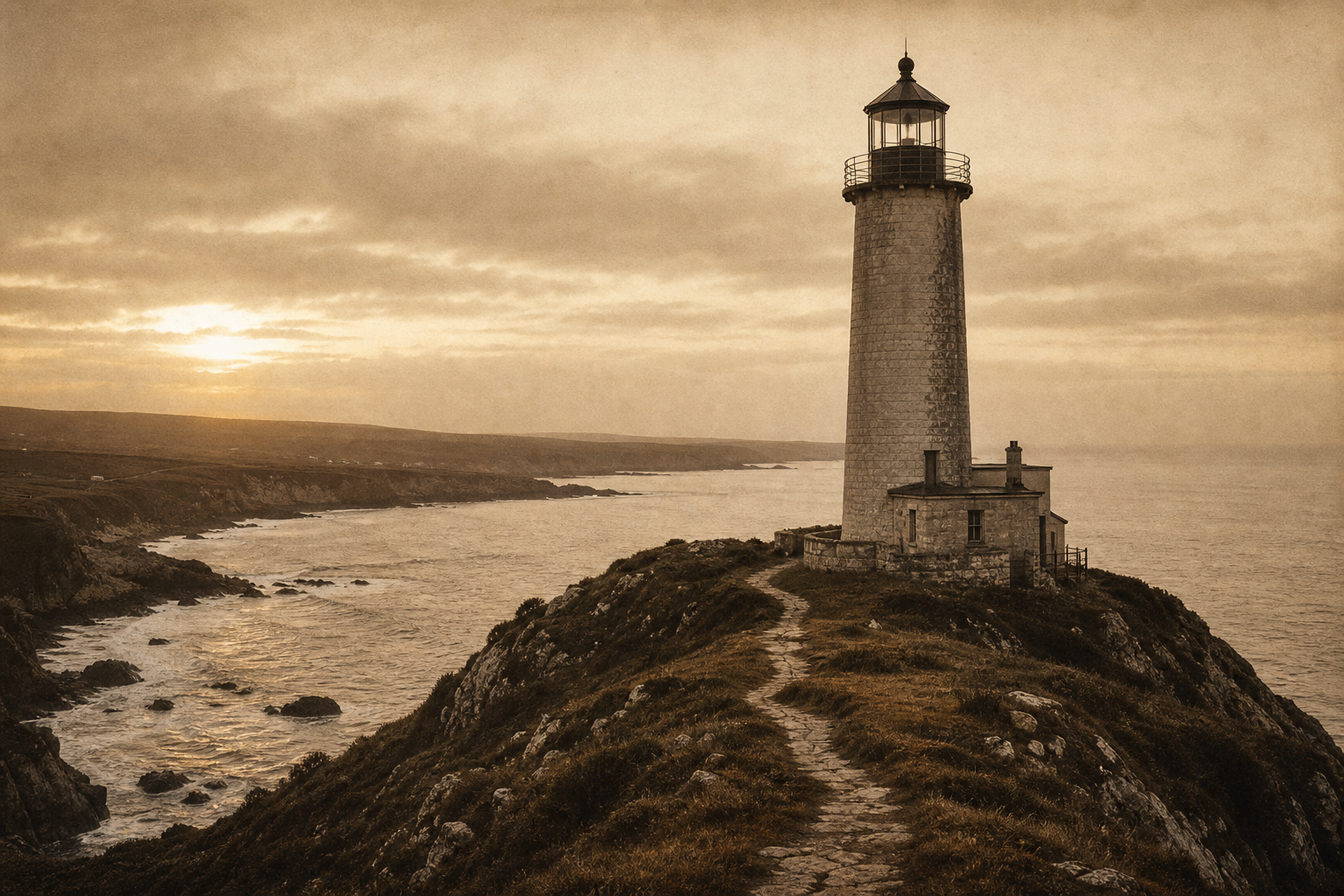 Wide archival view of a coastal lighthouse on a rugged headland at dusk