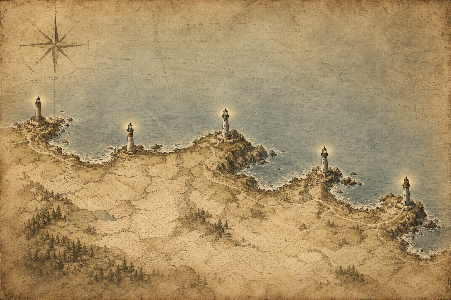 Stylized map of the northern coastline with preserved lighthouse tower markers