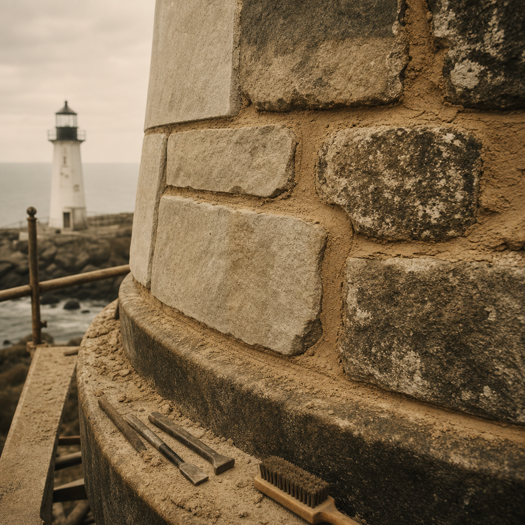 Close-up of restored lighthouse masonry joints and repointed stonework