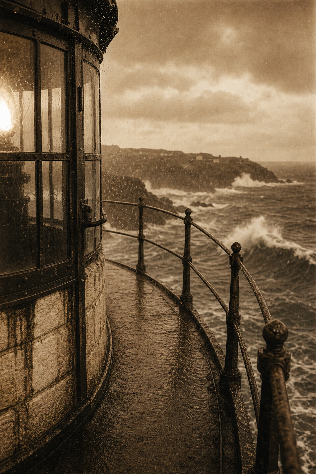 Sepia-leaning coastal image of a narrow lighthouse tower walkway facing storm waves and rain spray
