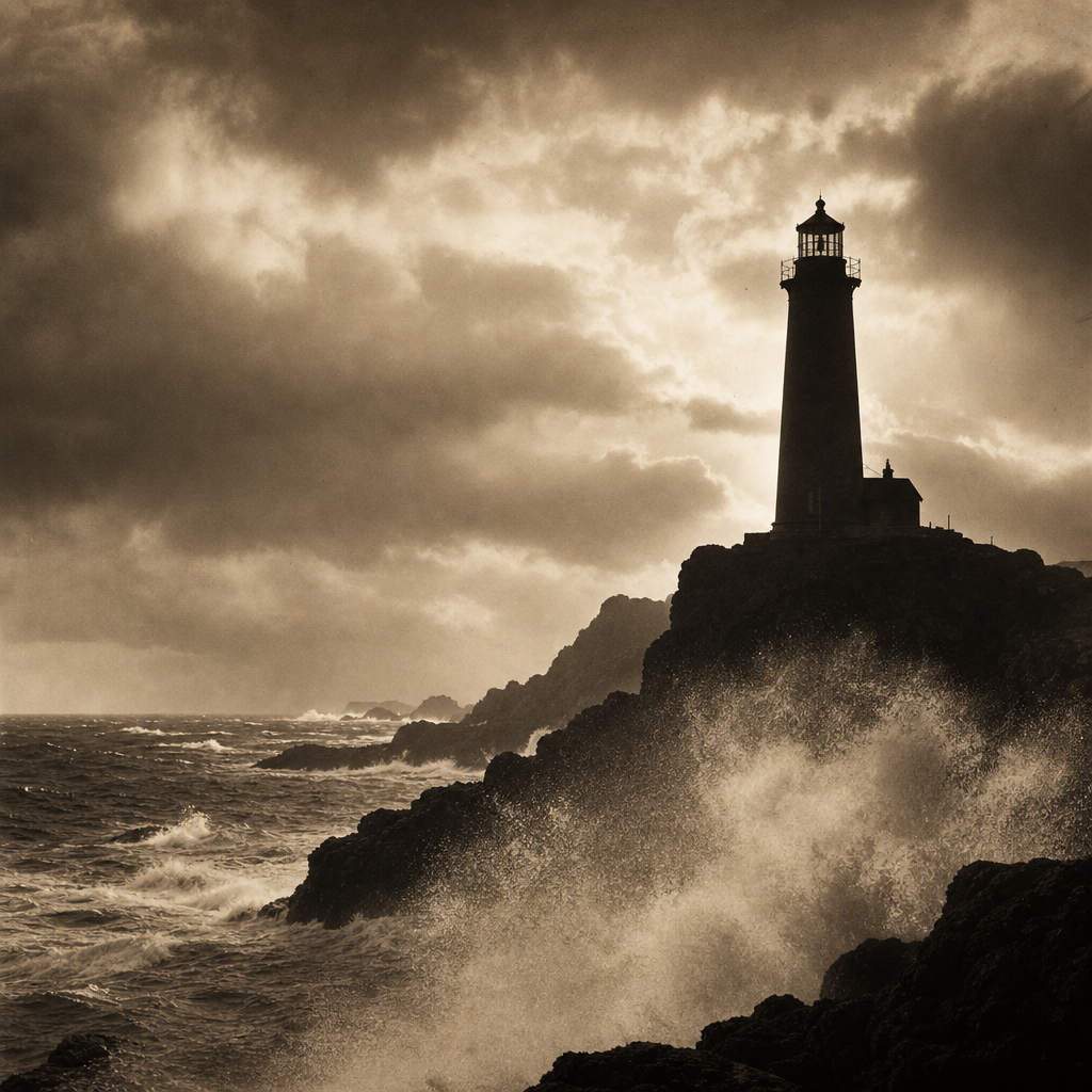 Lighthouse silhouette against storm clouds and breaking sea spray