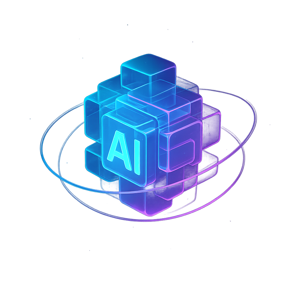 Abstract 3D luminous AI core made of layered glass-like geometry with cyan-to-fuchsia gradients, soft orbital rings, and subtle particle depth