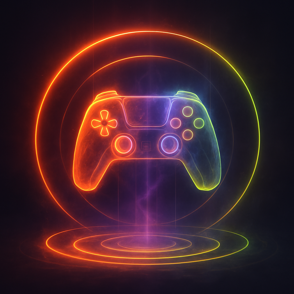 Abstract gaming-inspired neon hologram with futuristic controller and energy rings