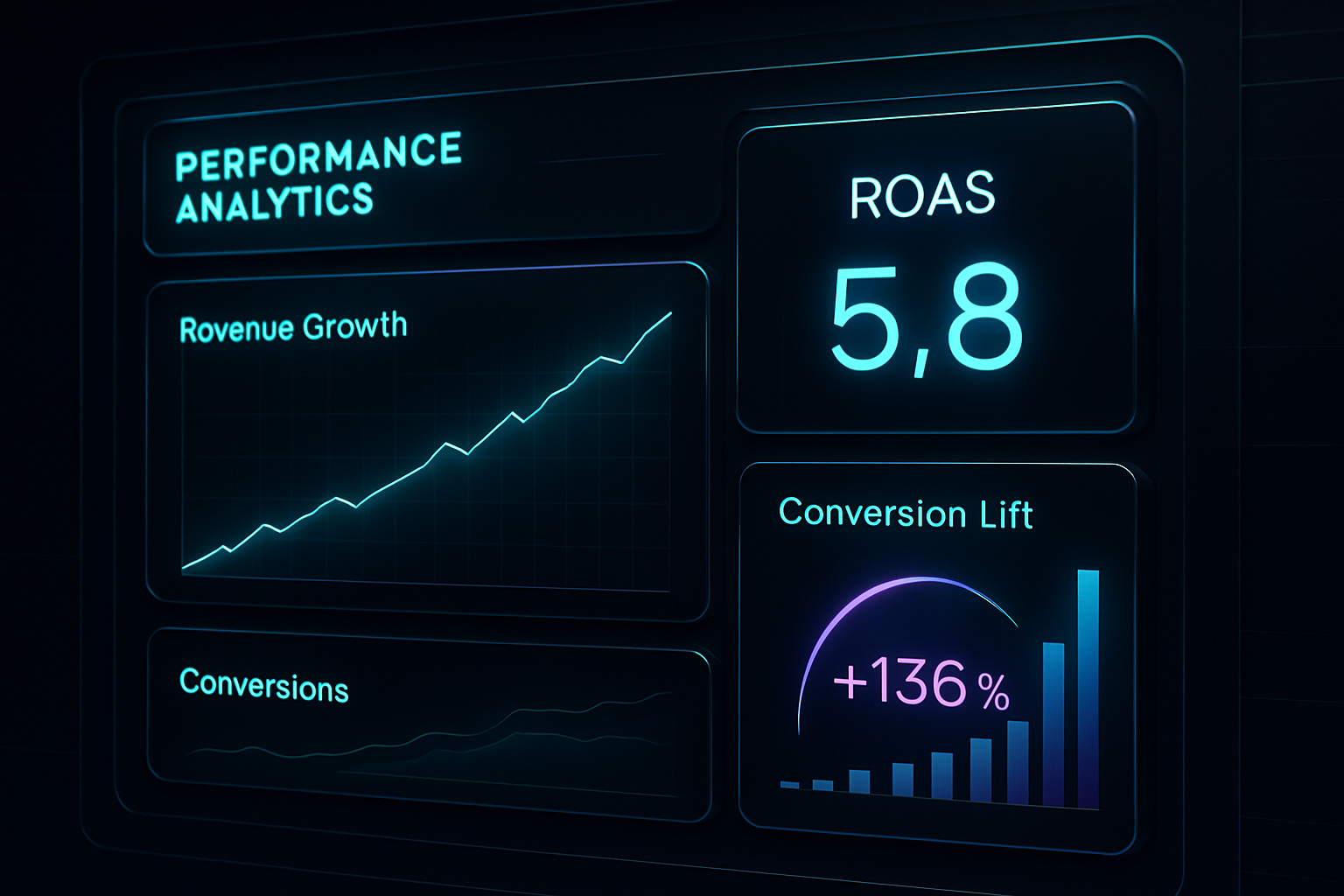 Futuristic performance analytics console with glowing charts, ROAS metrics, and conversion lift indicators on a dark premium dashboard