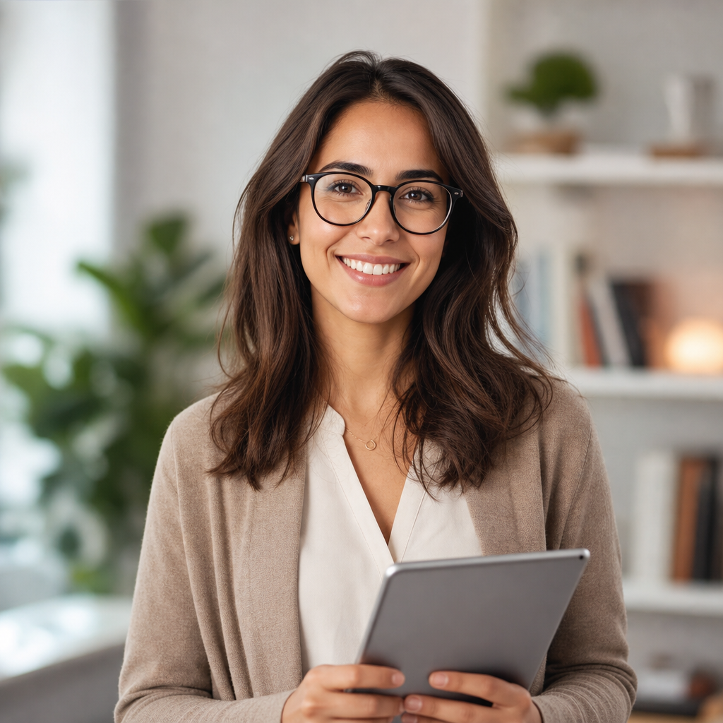 Smiling adult learner with glasses holding a tablet