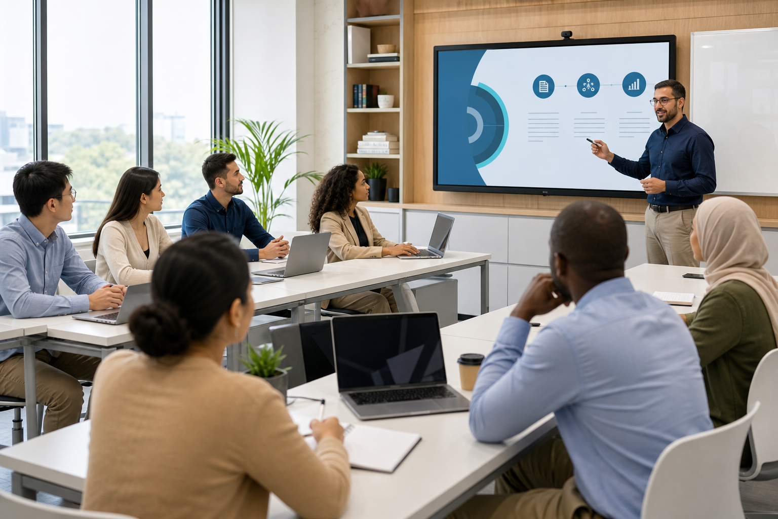 Salle de formation moderne avec des apprenants adultes diversifiés collaborant autour d’ordinateurs portables et un formateur guidant une présentation