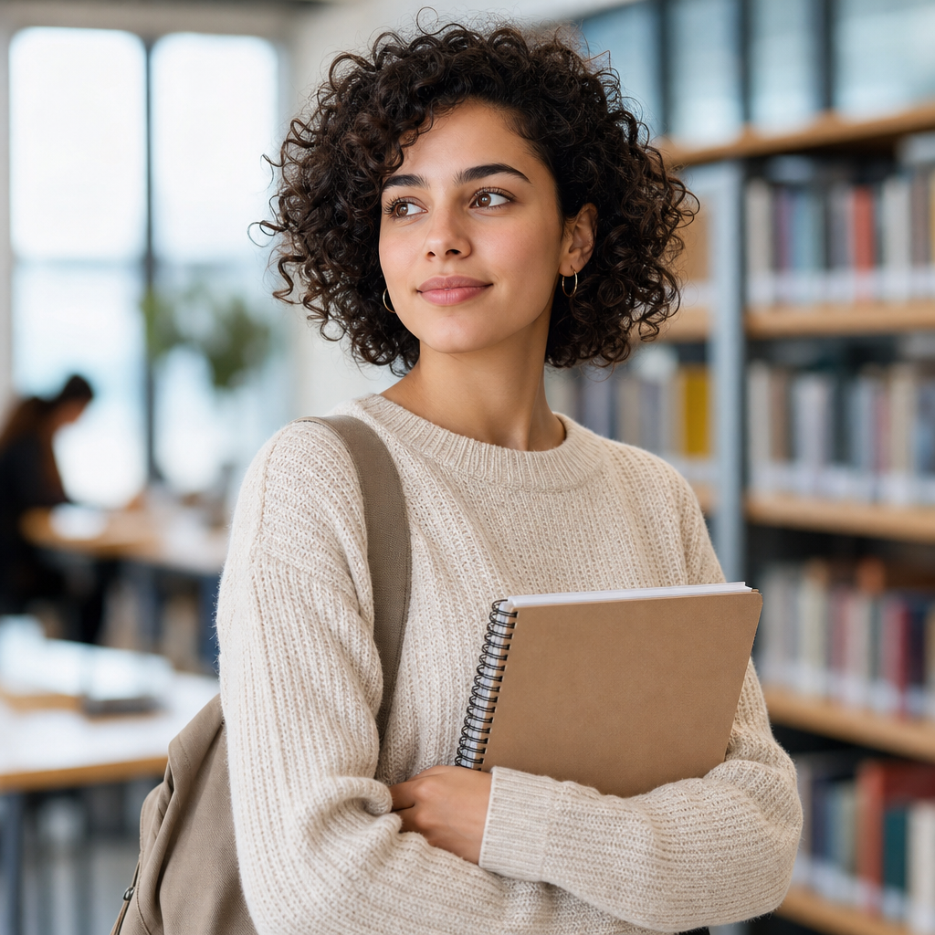 Focused university student with short curly hair and a notebook