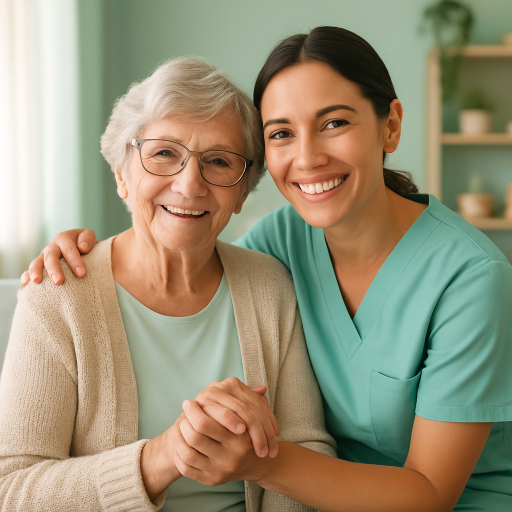Smiling caregiver supporting an elderly woman at home, both looking content and comfortable