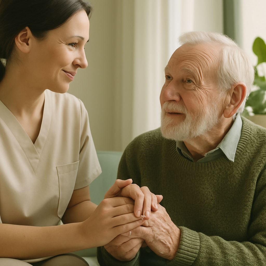 Caregiver gently holding hands with a senior man, expressing warmth and trust