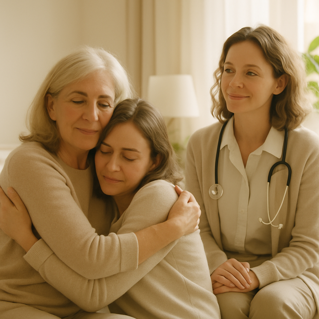 Family member embracing loved one with a caregiver nearby, showing reassurance and care
