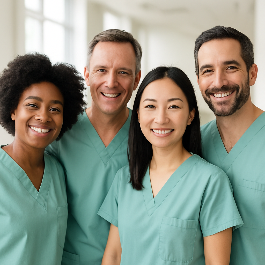 Diverse caregiving team in soft green scrubs, smiling together in a bright environment