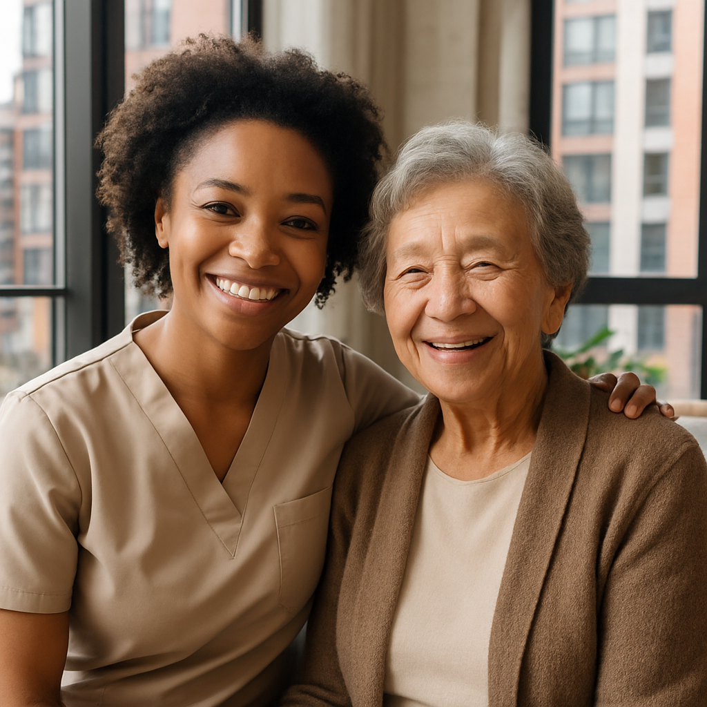 African American caregiver and elderly woman smiling together in a modern urban apartment, natural daylight, both looking content and at ease