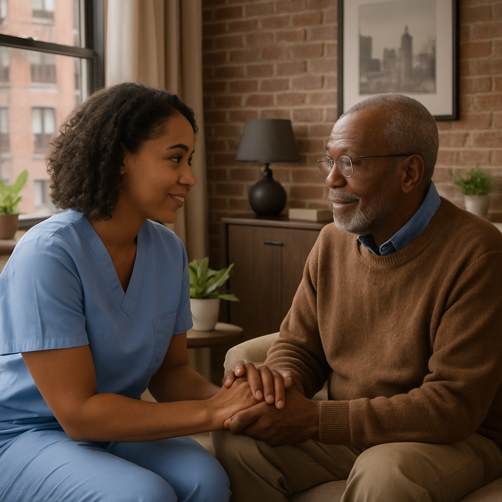 African American caregiver gently holding hands with an elderly African American man, both seated in a cozy city living room with caring expressions