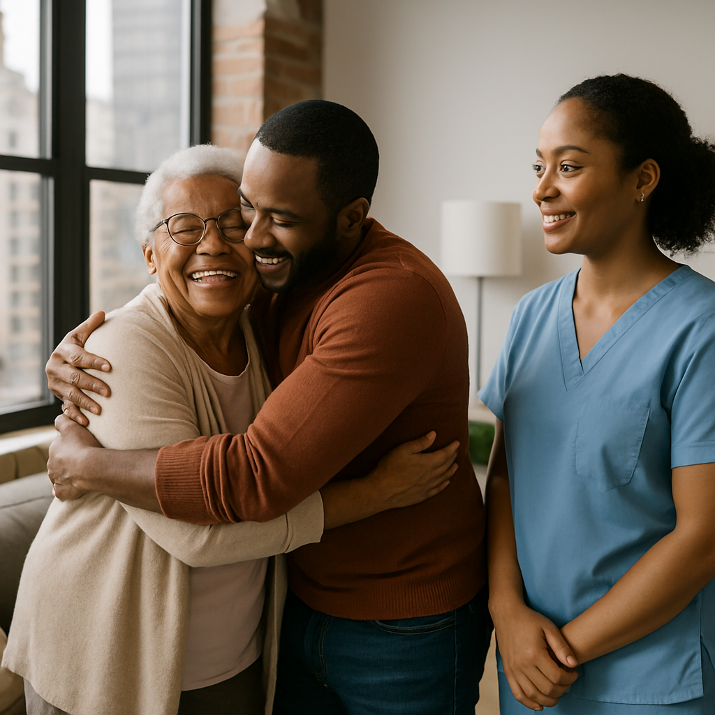 African American family member warmly embracing an elderly loved one, caregiver standing nearby, modern city apartment setting, supportive atmosphere