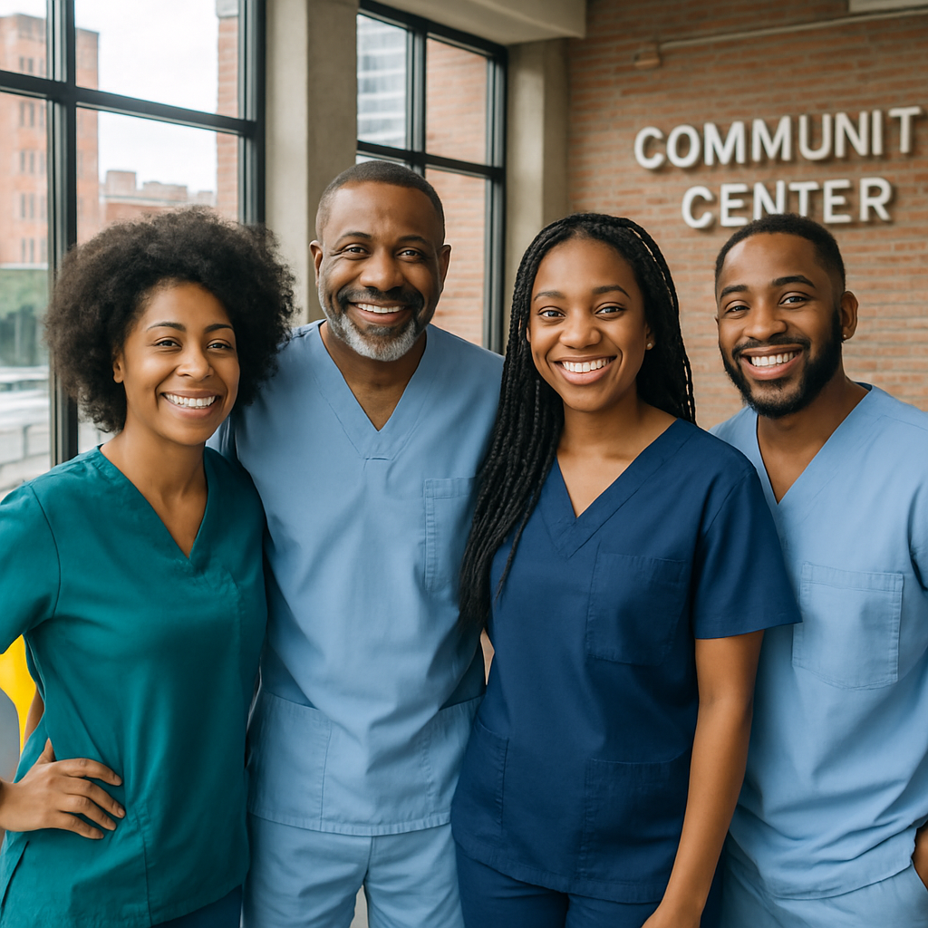 Diverse urban caregiving team of African American professionals in medical scrubs, smiling together in a bright city community center