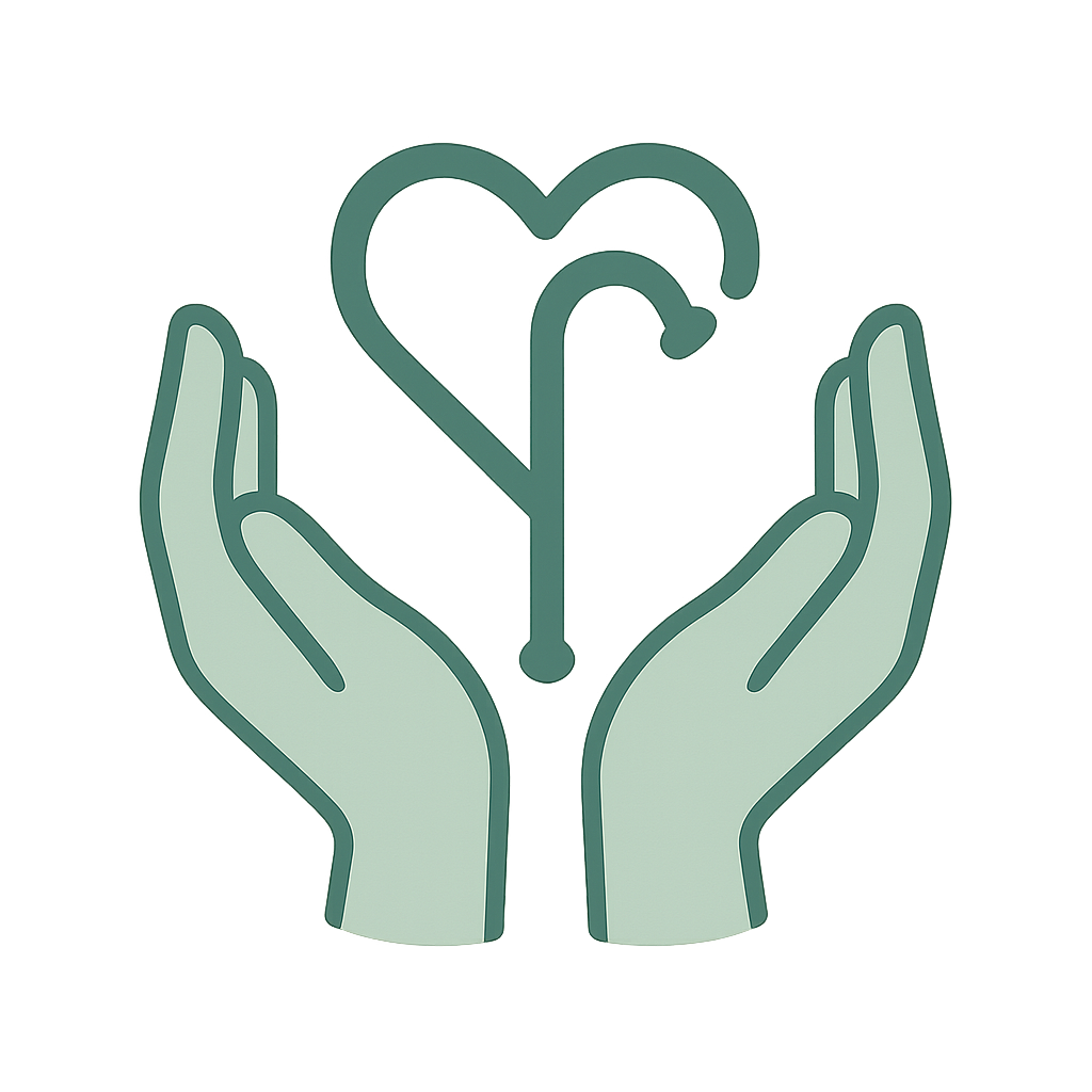Symbol of hands gently holding a heart-shaped cane, representing compassionate home care