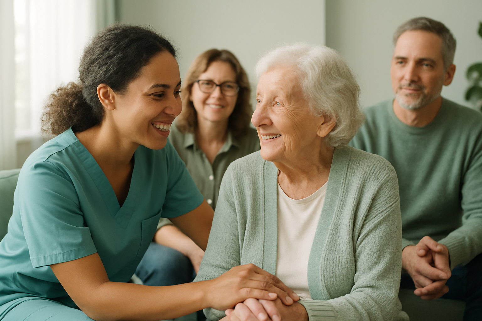 Smiling caregiver supporting an elderly woman at home with her family