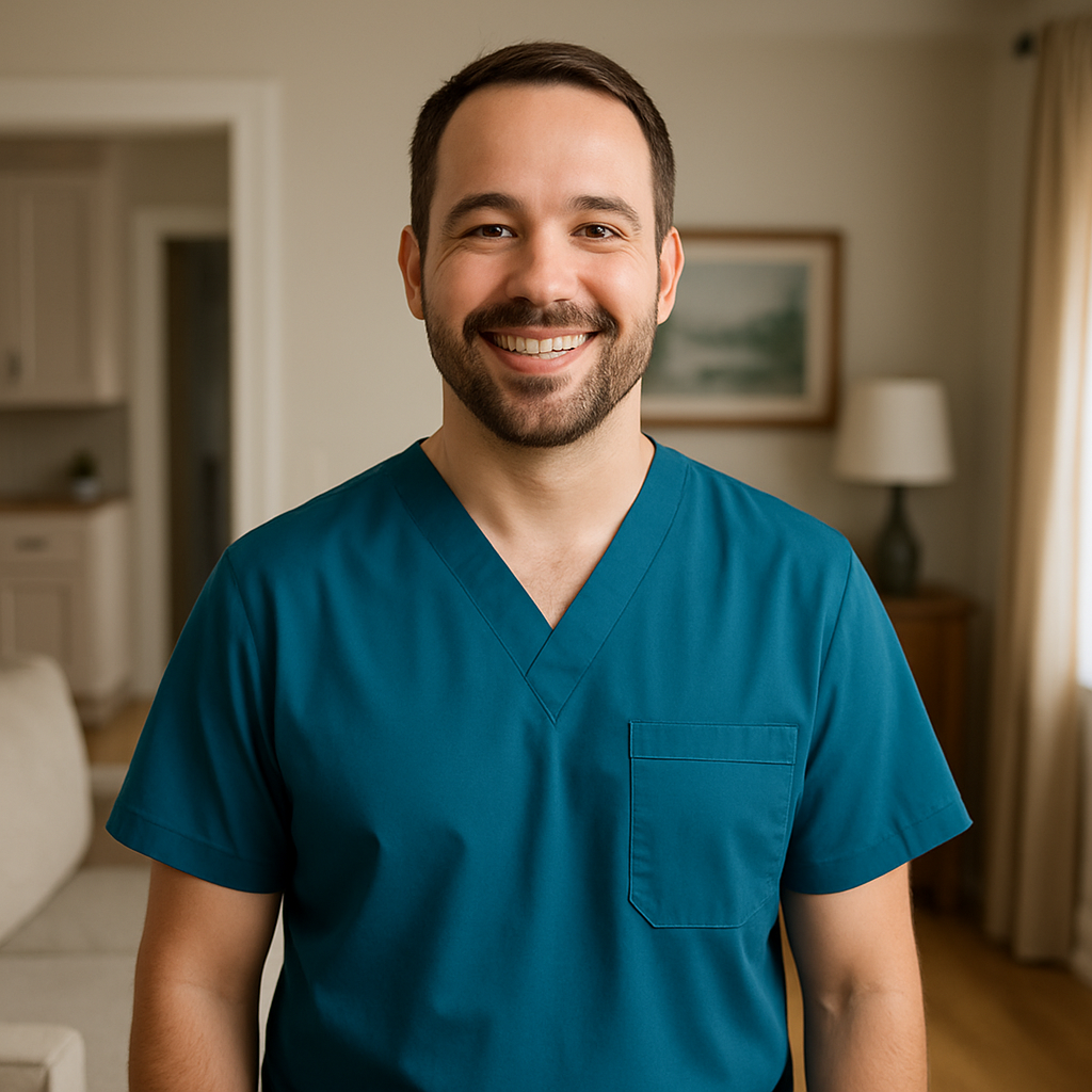 Smiling male caregiver testimonial giver