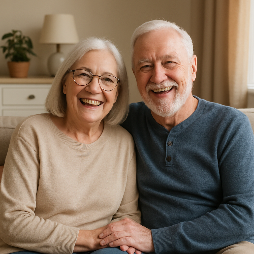 Smiling elderly couple testimonial givers