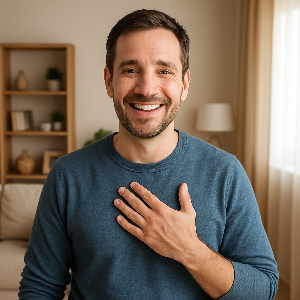 Smiling adult son testimonial giver